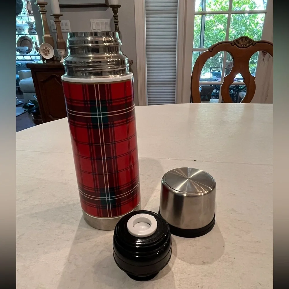 Williams Sonoma Red Plaid Insulated Stainless thermos.